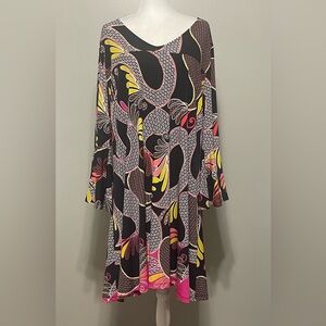 Women Plus 3XL Shift Dress 3/4 Length Flare Bell Sleeves Retro Resort Geometric